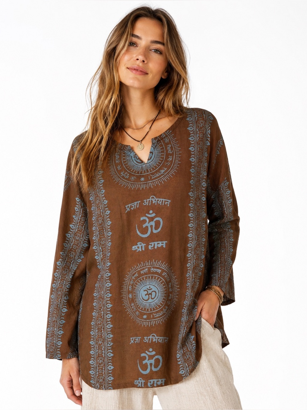 Brown Om Shri Ram Sanskrit Tunic Top XXL Boho Hippie Indian Kurta